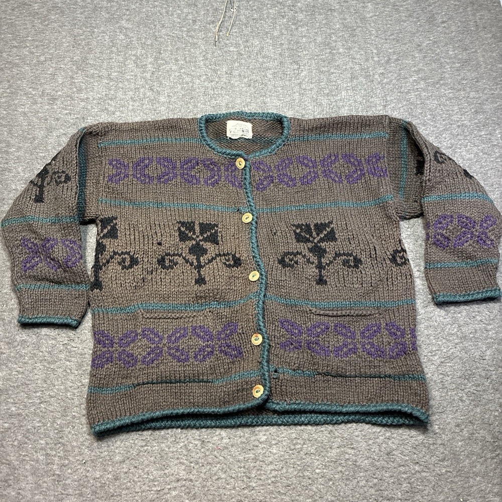 Vintage Bolivian Hand Knit Cardigan Sweater Lamb Wool Art Handmade Men XL Heavy